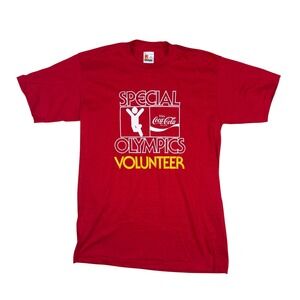 Vtg Signal Special Olympics Volunteer Tee Mens L Red Coca-Cola 80s Single Stitch